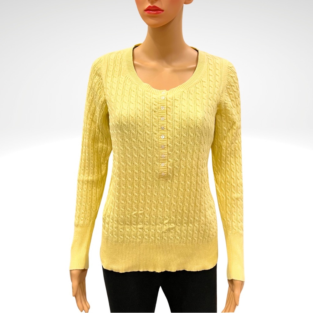 Eddie Bauer Scoop Neck Cable Knit Henley Sweater Pullover Womens Large Yellow